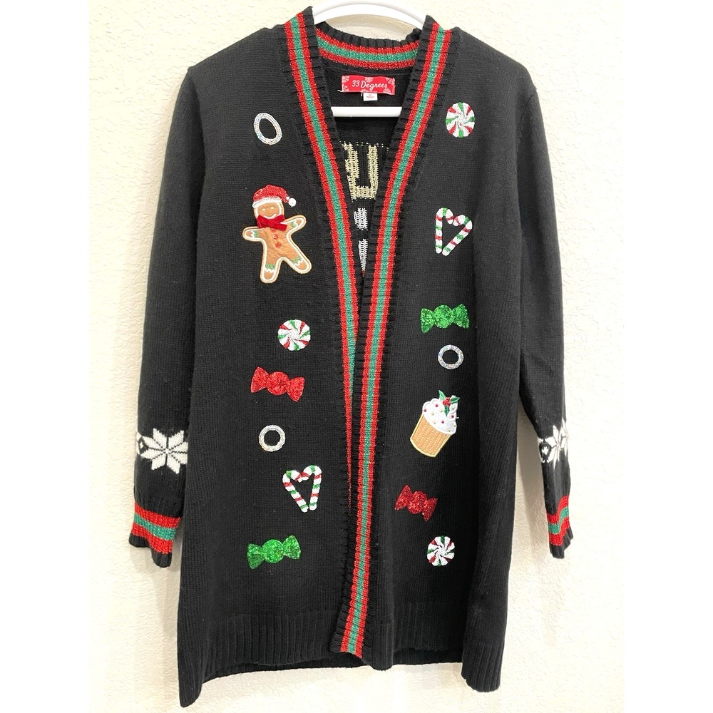 Christmas Embroidered Open Duster Cardigan Sweater Medium Black Gingerbread Long